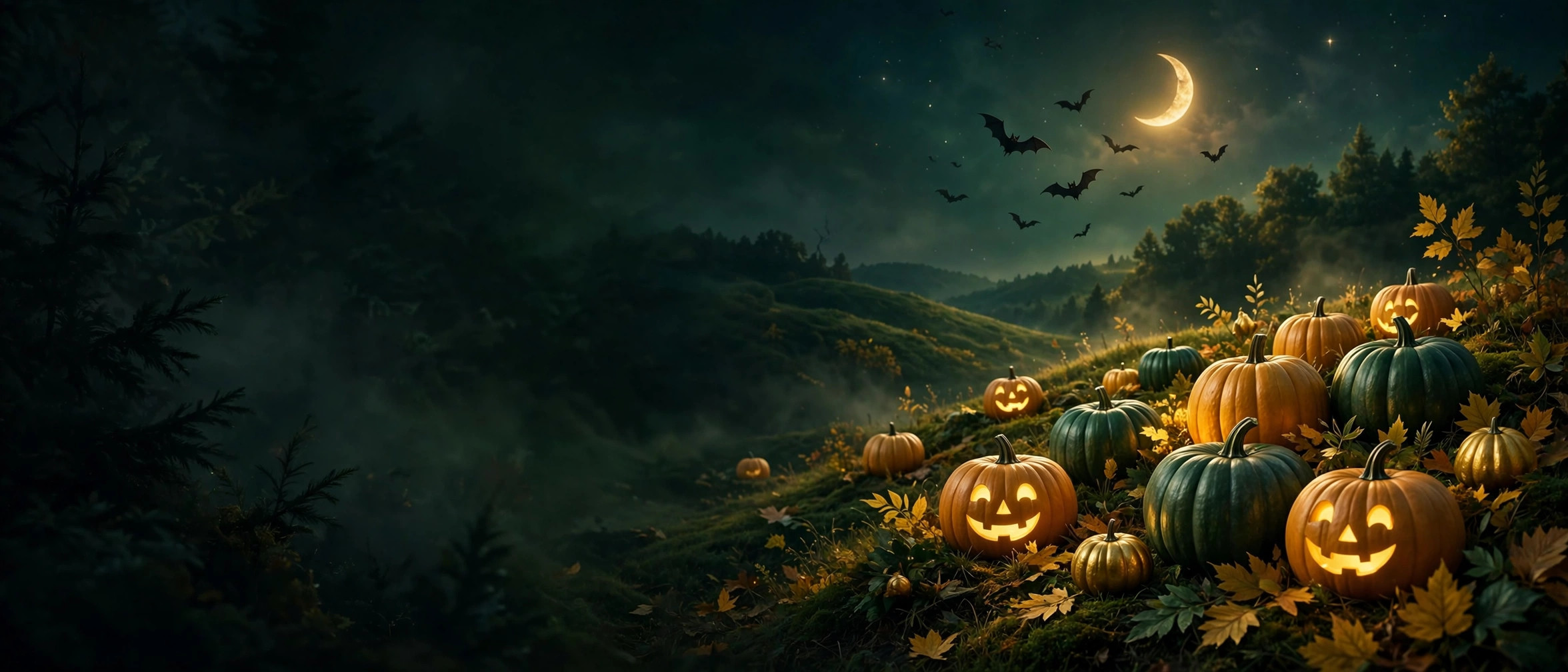 Halloween night scene with pumpkins, bats, and a crescent moon